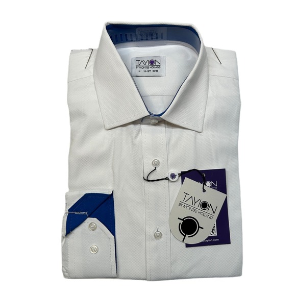 Tayion‎ Slim-Fit Dress Shirt Mens Medium 15-15.5 34/35 Solid White Blue Trim NEW - Picture 1 of 8